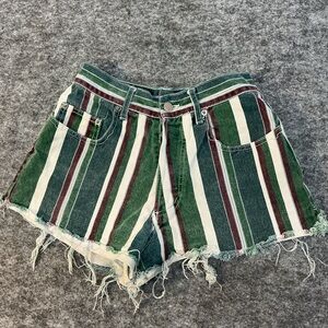 Nada Nuff Retro 90s Rasta  Striped Green White Burgundy High-Rise Denim Shorts 3